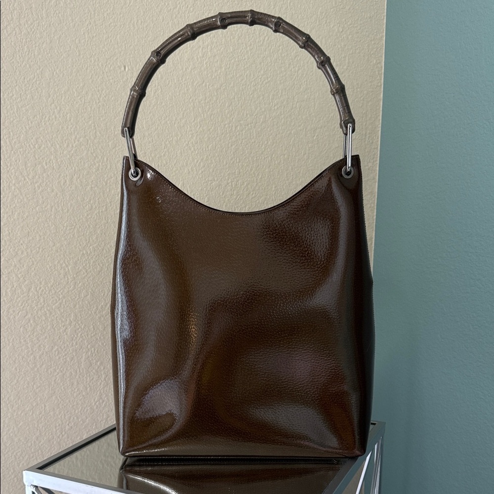Gucci Vintage Bamboo Top Handle Bag in brown patent leather